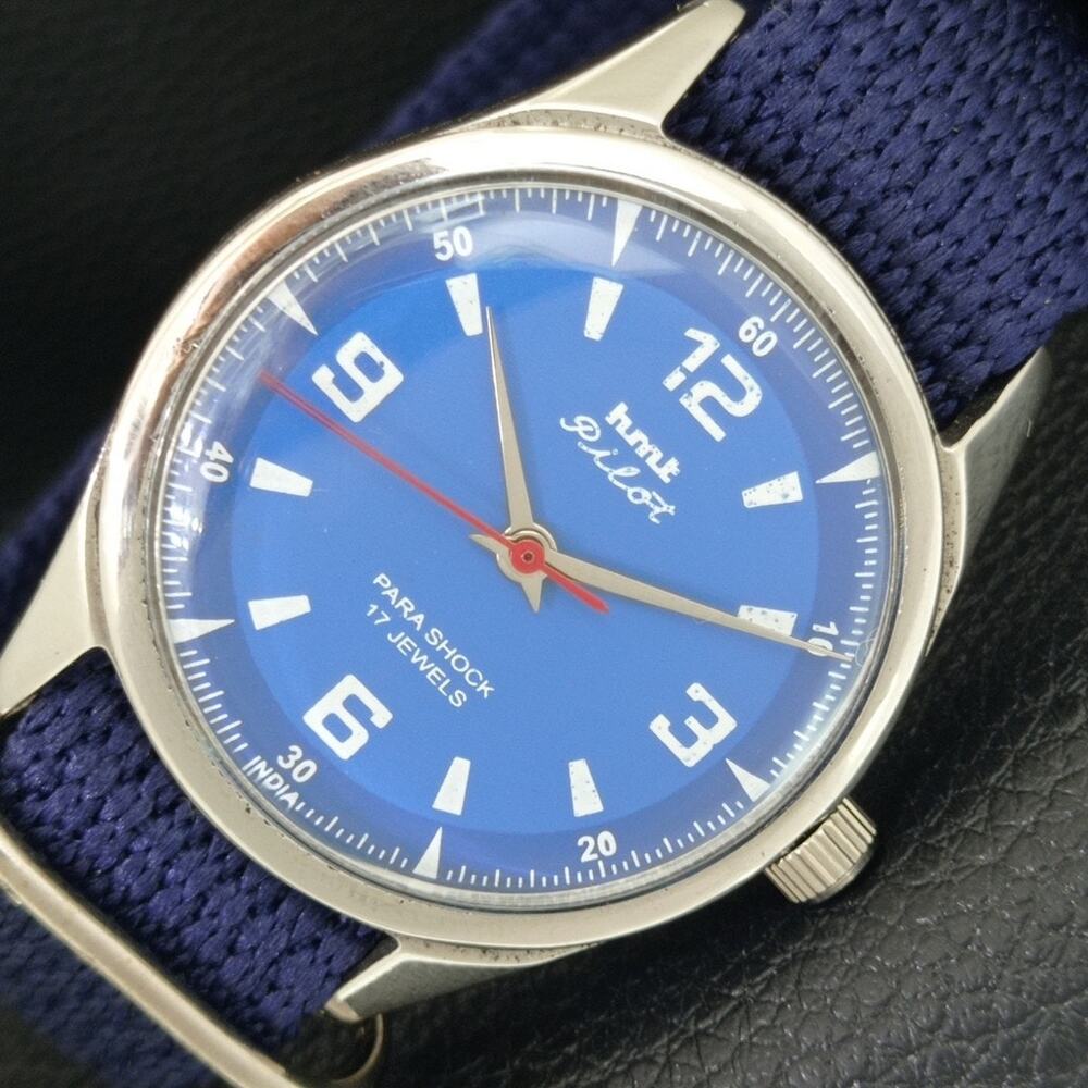 Vintage 1984 HMT Manual Wound Mens Silver Watch & Blue accents